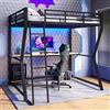 Trdlpyn Letto a soppalco 140 x 200 cm con luce d'atmosfera telecomandata e presa+USB, letti a castello con scrivania e ripiano consolle computer, protezione anti-caduta, telaio letto in ferro per adolescenti