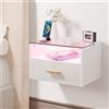Ztexkee Comodino Sospeso Comodino da Parete con Presa e Striscia Luminosa RGB Vetro Comodini con 1 Cassetto e 1 Scomparto per Camera da Letto, Soggiorno, Bianco