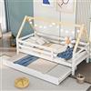 KUAKE Letto per casa 200 x 90 cm, letto funzionale con protezione anti-caduta e rete a doghe, letto estraibile con ruote inferiori, in legno, per ragazze e ragazzi, bianco e colore naturale