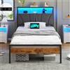 Brinlawb Letto Imbottito 90x190 cm, Struttura letto con Luce LED e Stazione di Ricarica (2 Prese CA 2 Porte USB) Struttura letto con piattaforma in metallo, Facile da montare, Moderno, Nero e Grigio