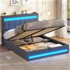 AOGLLATI Letto Matrimoniale Contenitore 140x200 cm, Struttura Letto con Vano Contenitore Idraulico e Testiera Regolabile, Letto Matrimoniale con Illuminazione LED e Stazione di Ricarica, Grigio Scuro