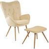 Albatros sedia ad ala con sgabello YORK, beige, rivestimento in velluto, comoda imbottitura, poltrona TV, poltrona imbottita