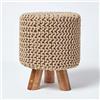Homescapes Sgabello Maglia Piedi in Legno 32 x 32 x 42 cm, Cotone, Beige, 32 x 32 x 42 cm