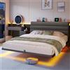 STHYTON Letto Sospeso 160 x 200 cm con Luci LED, Testiera Contenitore con Stazione di Ricarica, Letto Piattaforma Imbottito con Struttura in Metallo Rinforzata, Grigio Scuro