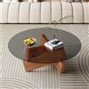 IGTOPS Tavolino rotondo in vetro con base in legno increspato, moderno tavolino in vetro temperato, tavolino da salotto, tavolino rotondo, semplice (nero, 80 x 80 x 41 cm)