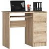 BDW Scrivania per computer con 3 cassetti e un cassetto estraibile per tastiera. Una scrivania per desktop o laptop, scuola e ragazzi 90x77x50 (rovere Sonoma Link)