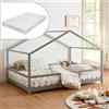 [en.casa] Letto a Casetta con Materasso 140x200 cm Grigio Chiaro/Bianco | Barriera di Protezione, Letto Francese per Bambini, Struttura in Legno di Pino, Schiuma Fredda, Stile Montessori, Cameretta