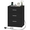 WOLTU Comodino con Stazione di Ricarica Nero 39x28,5x54,5 cm | Comodino con 3 Cassetti per Soggiorno, per Camera da Letto, Studio