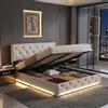 HYTKKBD Letto Imbottito 160 x 200 cm, Struttura per Letto Matrimoniale con Testiera Regolabile in Altezza e Luce LED, Rete a Doghe, Letto Baule con Contenitore Sollevabile, Senza Materasso (Lino beige)