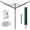 Garden Mile Stendibiancheria rotante a 4 bracci, 50 m, nero con linea rivestita in PVC grigio, resistente e pieghevole, picchetto per terra, copertura impermeabile, 50 picchetti e borsa per mollette