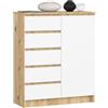 AKORD Cassettiera K80 con 1 Anta e 5 Cassetti | Mobiletti Ingresso Bagno | Armadio Cameretta | Comodino | Design moderno | 80x35x97 cm | Quercia Artisan & Bianco