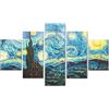 Lupia - Quadro Moderno 5 Pezzi su Tela, Grande Vogue, Notte Stellata Van Gogh, 105x160 cm, Stampe ad Alta risoluzione, Facili da Appendere, Ideale per Soggiorno, Camera da Letto, Made in Italy