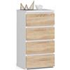 AKORD | Cassettiera a 4 Cassetti | Credenza Alta | Moderna Mobiletto per Soggiorno Sala da Pranzo Camera da Letto Corridoio Bagno | Armadio Cameretta | 35x40x74 cm | Bianco | Rovere Sonoma