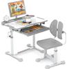 COSTWAY Set di Scrivania e Sedia per Bambini con Altezza Regolabile, Grigio | Banco Scuola con Piano Inclinabile, Supporto per Libri, Barra Poggiapiedi e Sedia Ergonomica per Scuola, Ufficio e Cameretta