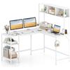 LIFEZEAL Scrivania Angolare con Libreria, Gancio, Porta 2-3 Computer, Scrivania Ufficio ad Angolo a Forma di L, Desk, Scrittoio, Salvaspazio, Postazione di Lavoro, Studio, Legno+Metallo (bianco)