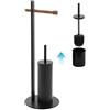Inbagno Piantana portarotolo e scopino WC, Acciaio Nero e bambù, D. 22 x H 67.5 cm, con Contenitore e scopino con setole Nere