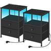 WOLTU set 2 Comodini con Prese di Corrente, Tavolini con Luce LED, 2 Cassetti in Tessuto e Ripiani Aperti, Comodini Smart Nero, per Soggiorno, Camera da Letto e Ufficio, Metallo + MDF, NTS27sz-2