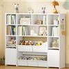 Hzuaneri Libreria per bambini con 2 cassetti contenitori su ruote, scaffale a 4 ripiani, ripiano per giocattoli, armadietto, adatto per cameretta, soggiorno, studio, 30 x 140 x 120 cm, bianco KB75203W