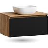 Planetmöbel - Set di mobili da bagno, armadietto sottolavabo da 80 cm, in rovere Arisa, nero (con nervature), lavabo da 42 cm bianco, incluso sifone salvaspazio