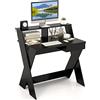COSTWAY Scrivania per Computer in Legno, Scrivania con Cassetto, Portaoggetti e Supporto per Monitor, Poggiapiedi e Gambe a Forma di X, Ideale per Ufficio e Casa (Black)