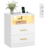 VASAGLE CUSTOS Collezione - Comodino con Stazione di Ricarica, Luce LED, Tavolino Moderno con Cassetti, Ripiano Aperto, 2 Prese AC e Porte USB, Bianco Nuvola LET629WB01