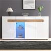 ZKLOEP Moderna credenza a 3 porte, controllo luce LED, armadio da soggiorno con controllo app, mobili lucidi, 140 x 40 x 70 cm, bianco con fondo in vetro, armadietto di stoccaggio