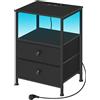 WOLTU Comodino con Prese di Corrente, Tavolino con Luce LED, 2 Cassetti in Tessuto e Ripiani Aperti, Comodino Smart Nero, per Soggiorno, Camera da Letto e Ufficio, Metallo + MDF, NTS27sz