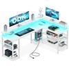 ODK Scrivania Gaming con LED, Scrivania d'Angolo Reversibile con 2 Prese e 2 Porte USB, Grande Scrivania Gaming Angolare con Ripiano in Rete, Bianco 150×102 cm