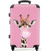 NoBoringSuitcases.com® Cartucce, Valigia rigida con rotelle, trolley, bagaglio a mano, 4 ruote, lucchetto TSA (Giraffa con una gomma da masticare davanti a punti rosa), (Valigia media 67x43x25 cm)