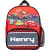 Disney Cars Zaino per bambini, borsa per la cameretta dei bambini, tasca in rete per bottiglia d'acqua e tasche frontali con cerniera, personalizzabile con qualsiasi nome Lightning Mcqueen rosso