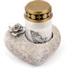 Novaliv, ornamento per tomba con cuore e rosa, in grigio, con Fiamma perpetua al LED, in bianco, candela commemorativa per cimitero, cuore ornamentale per tomba