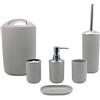 BM Set di Accessori da Bagno in Plastica, Set Accessori Bagno Completo 6 Pezzi, Dispenser, Portaspazzolino, Bicchiere, Portasaponetta, Portascopino, Pattumiera (Grigio)