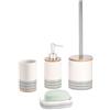 BM Set Accessori Bagno 4 Pezzi in Ceramica e Bambù - Dispenser Sapone, Portaspazzolino, Portasapone, Porta Scopino WC - Design Moderno ed Elegante per un Bagno Ordinato e Raffinato