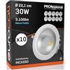 Eurocali Faretti LED COB 30W Rotondi da Incasso Alta Efficienza Alluminio Bianco 3100 lumen - Luce Bianco Freddo 6500K - Fascio 100° - Diametro 22,1cm - Pacco da 10