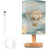 SKYSHU Lampada da comodino a forma di mongolfiera, piccola lampada da tavolo a LED USB, con base in legno antiscivolo e paralume per soggiorno, camera da letto, dormitorio, casa, ufficio