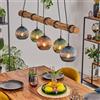 hofstein Lampada a sospensione Koyoto HOFSTEIN, lampada 5 luci in metallo/legno/vetro ondulato nero/naturale/rame/blu/verde, con paralumi vetro/travi legno, max 150 cm, E27, sala da pranzo, soggiorno, cucina