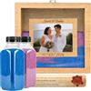NIRALIS Confezione Cerimonia Sabbia Matrimonio Personalizzato Legno Quercia | Sabbie colorate 2 barattoli da 800 g | Portafoto 10 x 15 cm | Personalizzabile con Data e Nomi Sposi (Quercia, Sabbie Blu