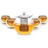Teabloom Set Tè - Adatto a Fornello + Teiera Vetro Senza Piombo (100 ml) con Infusore Acciaio Inox Removibile per Tè in Foglie - Include 4 Tazze Termiche in Vetro Doppia Parete (150 ml)