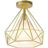 iDEGU Lampadario a sospensione vintage in metallo stile retrò E27 Plafoniera a forma di diamante con paralume in tessuto, 25 cm, oro