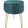 IlGruppone Pouf Rotondo in Velluto con Contenitore Portaoggetti Sgabello Toeletta Trucco Tavolino caffè Ripiano Legno Salotto Poggiapiedi con Gambe Color Oro - Petrolio