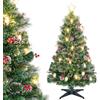 COSTWAY Albero di Natale 150CM/180CM, Albero di Natale con 49/64 Luci LED, Fibre Ottiche, 8 Modalità di Illuminazione e 170/220 Rami, Ago di Pino, Pigne, Bacche Rosse e Lampade a Paraffina (150 CM)