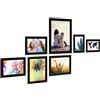 PHOTOLINI Set di 7 cornici nero legno MDF, cornici larghe, moderne, plexiglass infrangibile, da tavolo o da parete, accessori extra - per una parete dal look raffinato