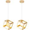 iDEGU 2 Pezzi Lampadario a Sospensione Moderno a Forma di Cubo Stile Geometrico E27 Lampada da Soffitto Vintage in Metallo Lampada a Sospensione per Camera da Letto Soggiorno Ristorante (Dorato)
