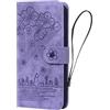 SLLMYYX Custodia a portafoglio compatibile con iPhone 15, con motivo gatto in fiore di ciliegio, in pelle, custodia protettiva con slot per carte di credito e cavalletto (viola)