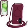 FMPCUON FNPCUON Cover Magnetica Silicone per iPhone 16 Plus con Cordino,Compatibile con MagSafe,Custodia con Laccio Collana Tracolla Collo Sottile TPU Antiurto Protettiva Case con Corda.Rosso