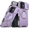 Mixroom - Custodia Cover per iPhone 12 / iPhone 12 PRO Protezione Antiurto Militare con Supporto cellulare a stand Cavalletto ad Anello Magnetico Copertura Fotocamera Slide Scorrevole C07 Lilla