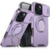 Mixroom - Custodia Cover per iPhone 14 Protezione Antiurto Militare con Supporto cellulare a stand Cavalletto ad Anello Magnetico Copertura Fotocamera Slide Scorrevole C07 Lilla