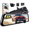 WOLFBOX G850 PRO 4K Dashcam a specchio con ADAS e BSD, specchietto retrovisore intelligente con WiFi 5,8GHz, controllo vocale, telecamera posteriore da 12 pollici con scheda da 64GB inclusa, GPS