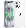 ORETECH Magnetica Cover per iPhone 16 6,1 Pollici con 2 Vetro Temperato e 1 Vetro Fotocamera, Compatibile con MagSafe, Anti-Graffio Antiurto Ultra Sottile Hard PC Cover-Trasparente