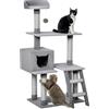 PawHut Tiragraffi Palestra per Gatti Multilivello 60.5x40x124cm, Grigio | Casetta, Scala, Piattaforme, Pali in Corda di Juta